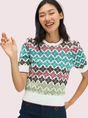 KATE SPADE Floral Pattern Puff Sleeve metallic short sleeve Sweater